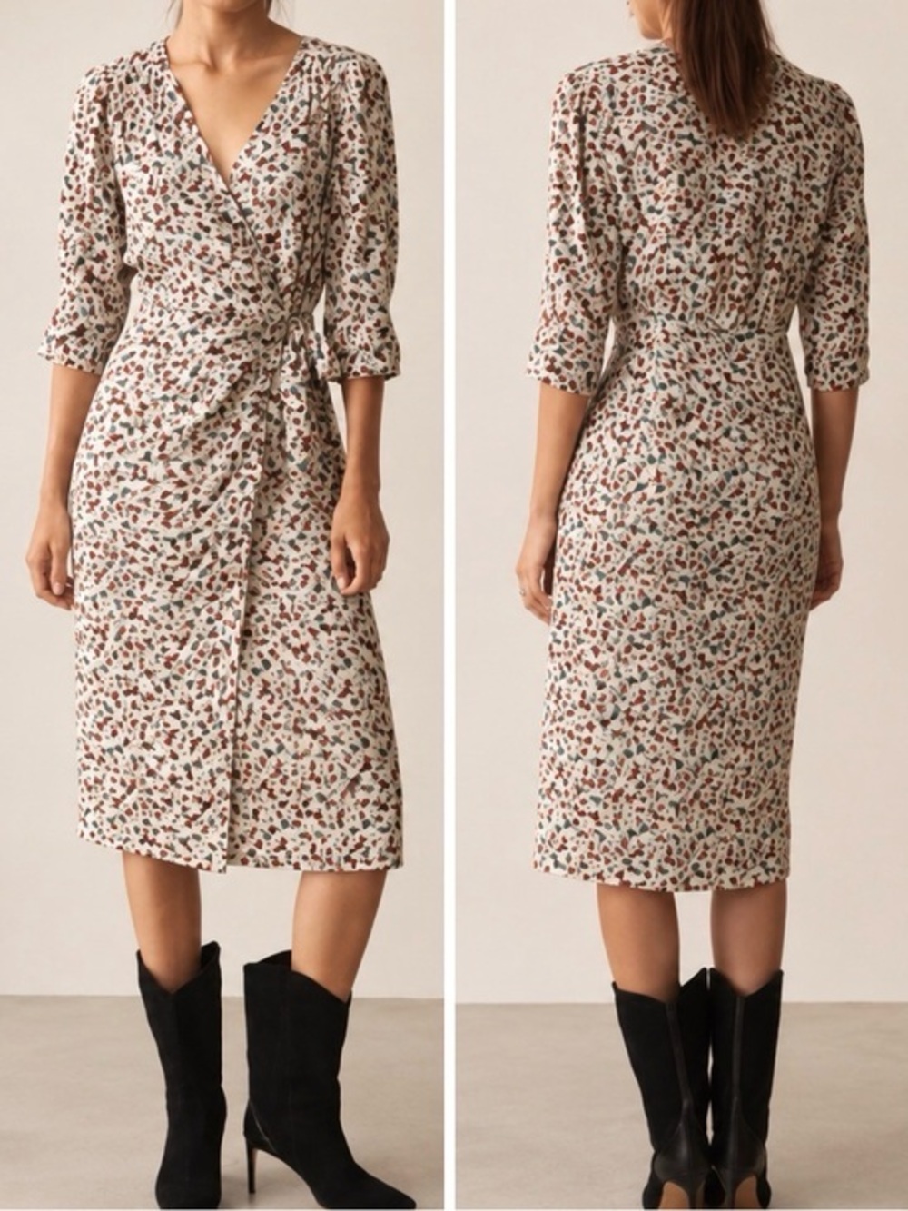 BA&SH Elen Floral Ecru Print Wrapover Crepe Boho Parisian Midi Dress